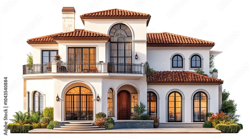 Luxurious Mediterranean Style Villa with Arched Windows and Terracotta Roof on Transparent Background Luxurious Mediterranean Style Villa with Arched Windows and Terracotta Roof on Transparent Background