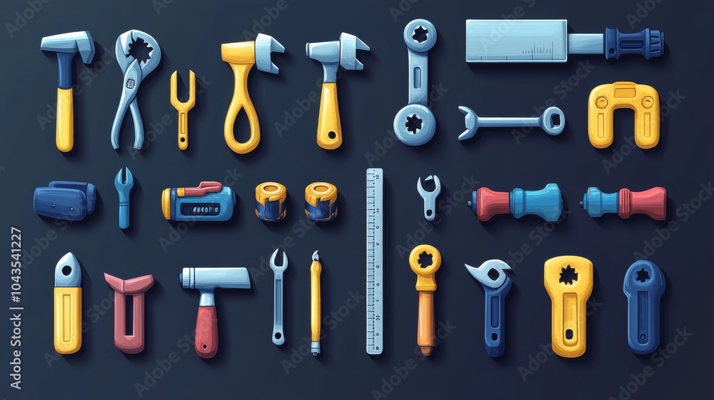 Bright and engaging 3D vector cartoon icons for tools: planer, saw, pliers, screwdriver, vise, drill, hammer, adjustable wrench, clear and colorful Bright and engaging 3D vector cartoon icons for tools: planer, saw, pliers, screwdriver, vise, drill, hammer, adjustable wrench, clear and colorful