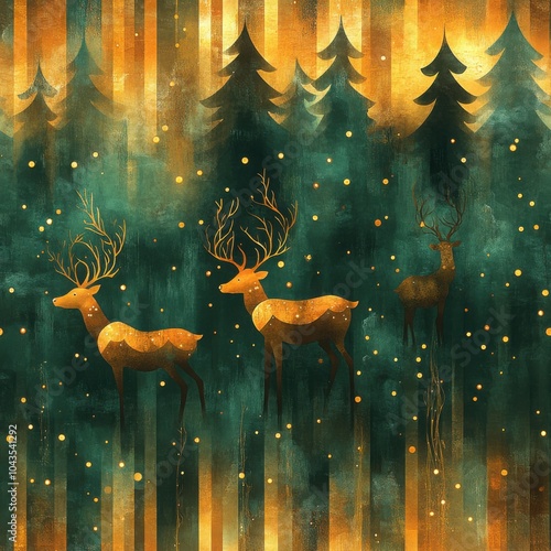 Seamless abstract geometric pattern with golden deer in forest scene for holiday design