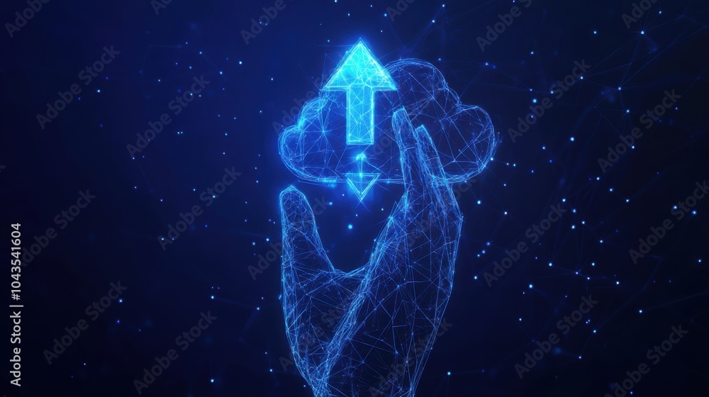 Abstract hand touching on cloud computing icon with arrows up and down. Digital polygonal cloud storage concept. Technology low poly wireframe vector illustration in futuristic blue hologram style. Abstract hand touching on cloud computing icon with arrows up and down. Digital polygonal cloud storage concept. Technology low poly wireframe vector illustration in futuristic blue hologram style.