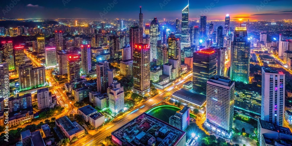 Obraz premium Captivating Drone Photography of a Vibrant Cityscape Open All Night, Highlighting Neon Lights and Busy Streets for