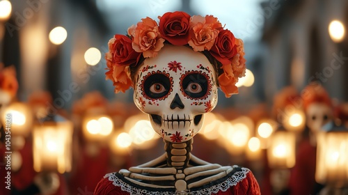 Procession of Catrina figures with floral crowns, holding lanterns, evening street scene, soft warm light, midshot photo