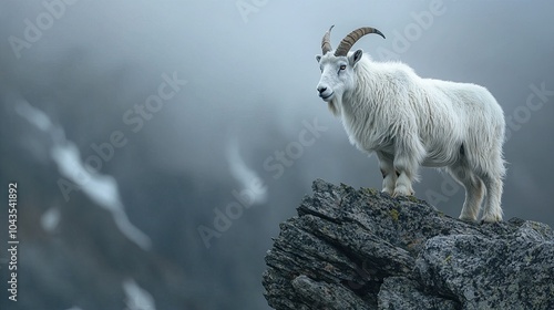 With its thick white fur standing out against the rough gray stone and its muscular attitude against the misty mountain backdrop, the majestic mountain goat is seated on a steep cliff edge.