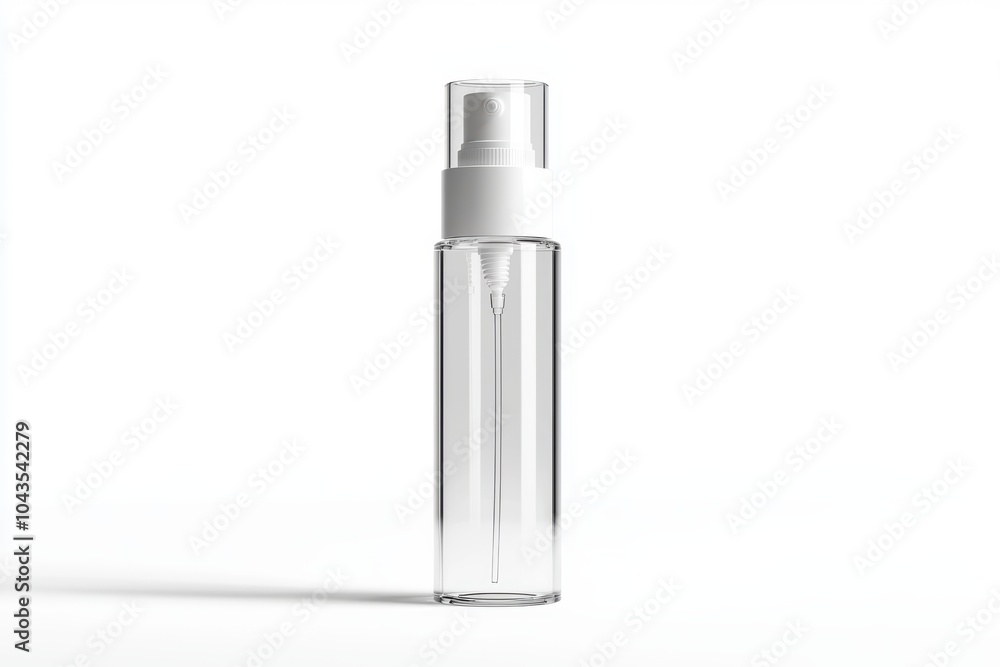 A clear bottle with a white cap sits on a white background A clear bottle with a white cap sits on a white background