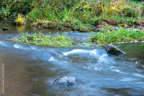 rapid flow of a wild river, blurred water surface, autumn in nature, Braslas river photo