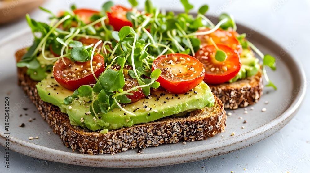 Delectable Avocado Toast with Cherry Tomatoes and Microgreens on Whole Grain Bread Delectable Avocado Toast with Cherry Tomatoes and Microgreens on Whole Grain Bread