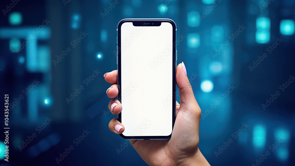 Female hand holding a smartphone with a white screen on a blue bokeh ...