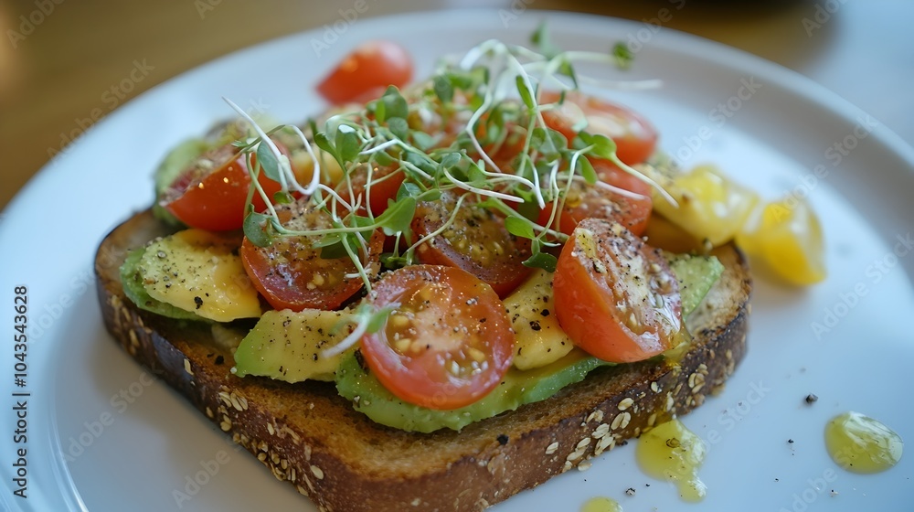 Meticulously Plated Avocado Toast with Fresh Tomatoes and Microgreens on Whole Grain Bread Meticulously Plated Avocado Toast with Fresh Tomatoes and Microgreens on Whole Grain Bread