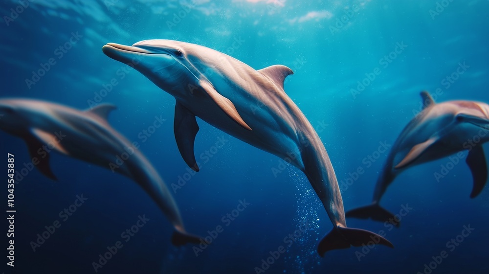 Fototapeta premium Dolphins Swimming Underwater Ocean Wildlife Marine Animals Blue Water Bubbles