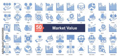 Market Value icon collection set. Containing Resource allocation, Arbitrage, Speculation, Downtrend, Ipo, Market capitalization, Yield, Trade, Margin icon. Simple color lineal blue illustration.