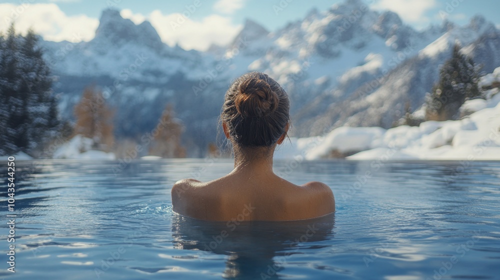 A woman is in a pool of water, looking at the mountains in the background A woman is in a pool of water, looking at the mountains in the background