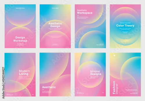 Eight design template of creative design colorful poster, color theory, and modern living. Set of poster templates in pink gradient with aesthetic creative modern. Poster template vector set.