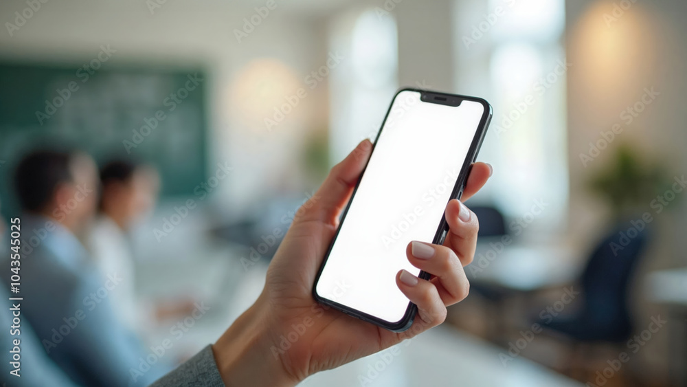 Female hand holding a smartphone with a blank white screen against an office workspace background. Ideal for app promotion, business presentations, mockups, and digital product marketing. Female hand holding a smartphone with a blank white screen against an office workspace background. Ideal for app promotion, business presentations, mockups, and digital product marketing.