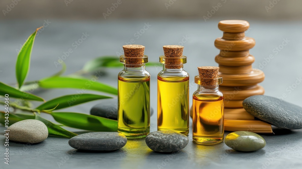 Set of essential oil bottles with bamboo, green tea leaves, and a Zen-like backdrop of smooth stones Set of essential oil bottles with bamboo, green tea leaves, and a Zen-like backdrop of smooth stones