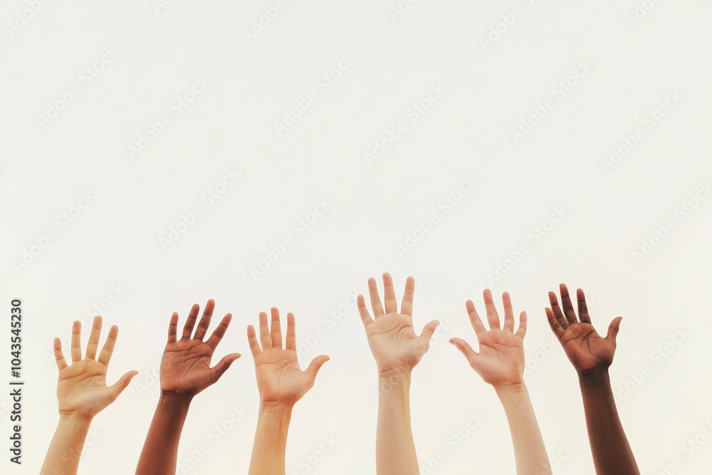 Raised hands of different skin colors against clear sky. Raised hands of different skin colors against clear sky.