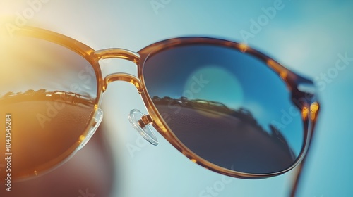 Stylish Sunglasses Reflecting Sunlight with UV Protection Text Overlay photo