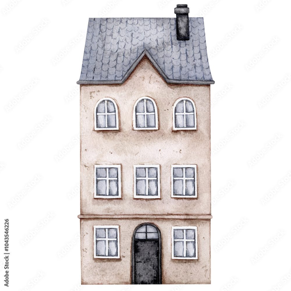 Cute European house with tile roof. City building isolated on white background, hand drawn illustration. Old town. Watercolor. Design element for postcards, posters, books, children's room, stationery Cute European house with tile roof. City building isolated on white background, hand drawn illustration. Old town. Watercolor. Design element for postcards, posters, books, children's room, stationery