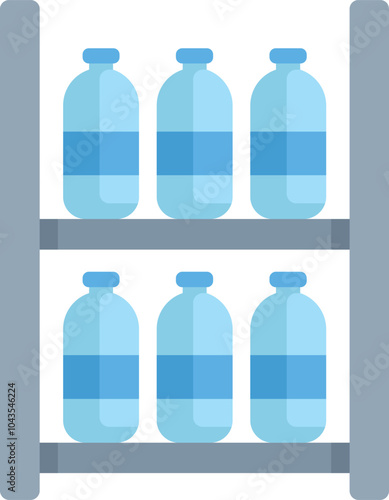 Warehouse storage shelf holding water bottles icon in flat style