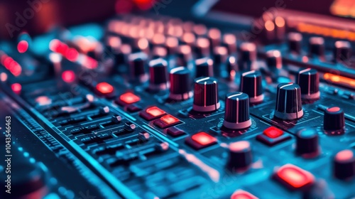 A close-up view of a modern audio mixing console with colorful buttons and knobs, showcasing intricate details and vibrant lighting. photo