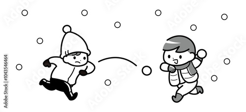 雪合戦をする子どもたちのモノクロイラスト