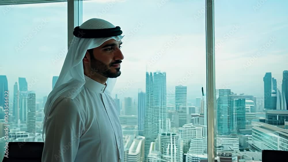 A confident Arab businessman stands in a contemporary office, admiring the breathtaking skyline of Dubai. The atmosphere reflects ambition and success in the bustling city. A confident Arab businessman stands in a contemporary office, admiring the breathtaking skyline of Dubai. The atmosphere reflects ambition and success in the bustling city.