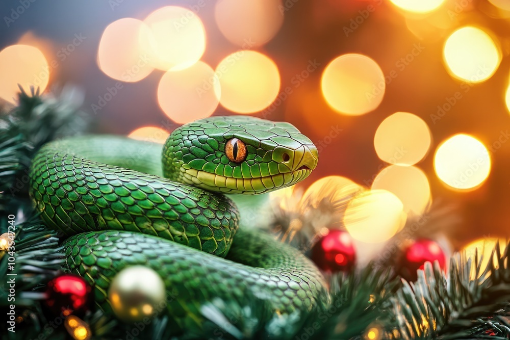 Green snake resting on an illuminated christmas tree branch, symbol of 2025 according to the Chinese calendar Green snake resting on an illuminated christmas tree branch, symbol of 2025 according to the Chinese calendar