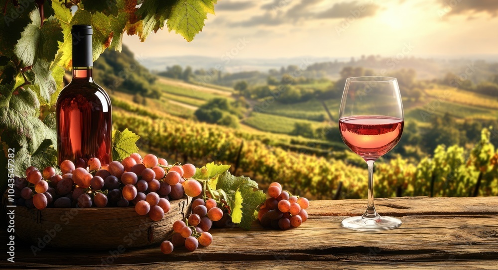 Naklejka premium Rustic Wine Scene with Grapevines, Barrel, and Cheese on Wooden Table