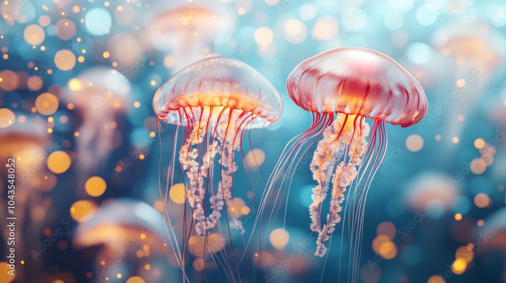 An empty scene featuring blank mockup template (featuring jellyfish floating through delicate chains of bioluminescent lights gently swaying in the water), An empty scene featuring blank mockup template (featuring jellyfish floating through delicate chains of bioluminescent lights gently swaying in the water),