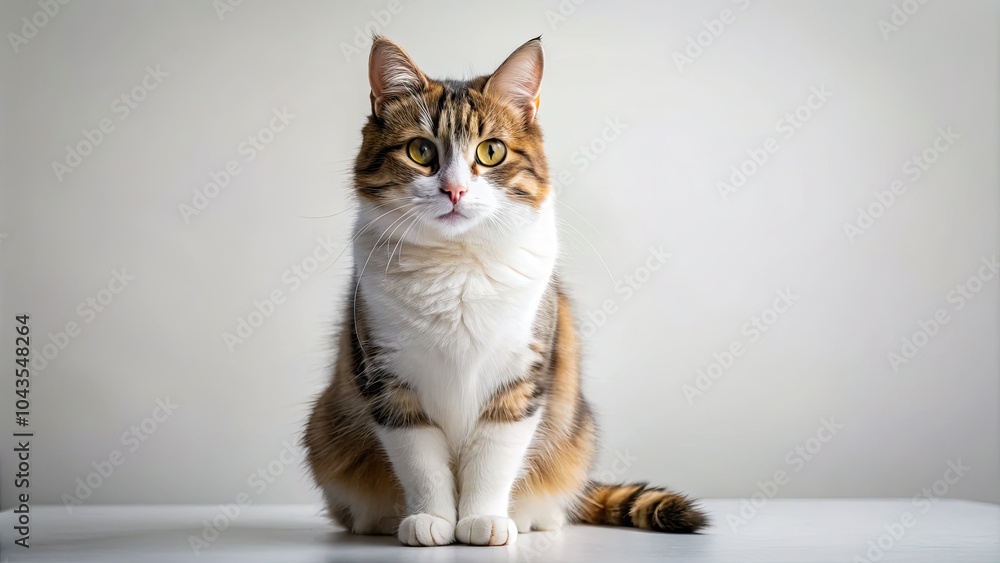 Obraz premium A magnificent cat stands poised against a white backdrop, showcasing its effortless elegance and captivating charm in this breathtaking feline portrait. Pure bliss embodied.