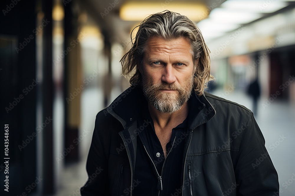 Portrait of a handsome mature man with long gray hair and beard, wearing a black leather jacket, looking at the camera. Men's beauty, fashion. Portrait of a handsome mature man with long gray hair and beard, wearing a black leather jacket, looking at the camera. Men's beauty, fashion.