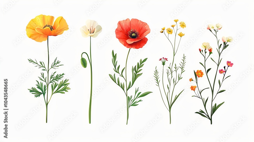 Fototapeta premium Colorful wildflowers on a white isolated background showcasing elegance and natural beauty.