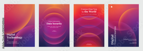Four tech-themed posters showcasing innovative technology, data analytics, and digital transformation. Set of poster purple gradient template poster. Technology poster template vector set.