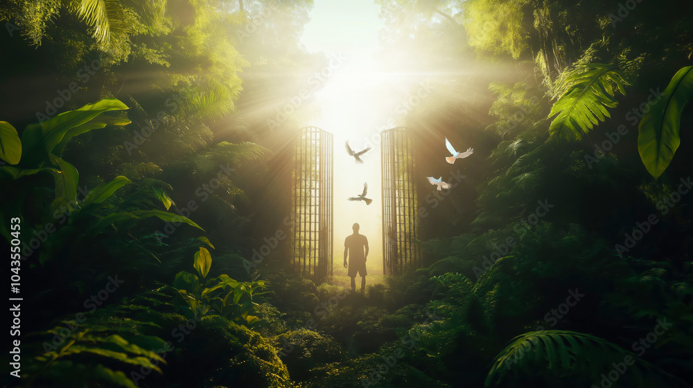 Obraz premium A man stands in the center of an open doorway surrounded by lush greenery and birds flying around, representing lost but hopeful about what lies beyond the horizon
