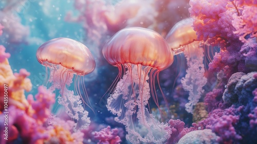 An empty scene featuring blank mockup template (showing jellyfish in a fantasy underwater garden where sea flowers bloom in vibrant, iridescent hues), 