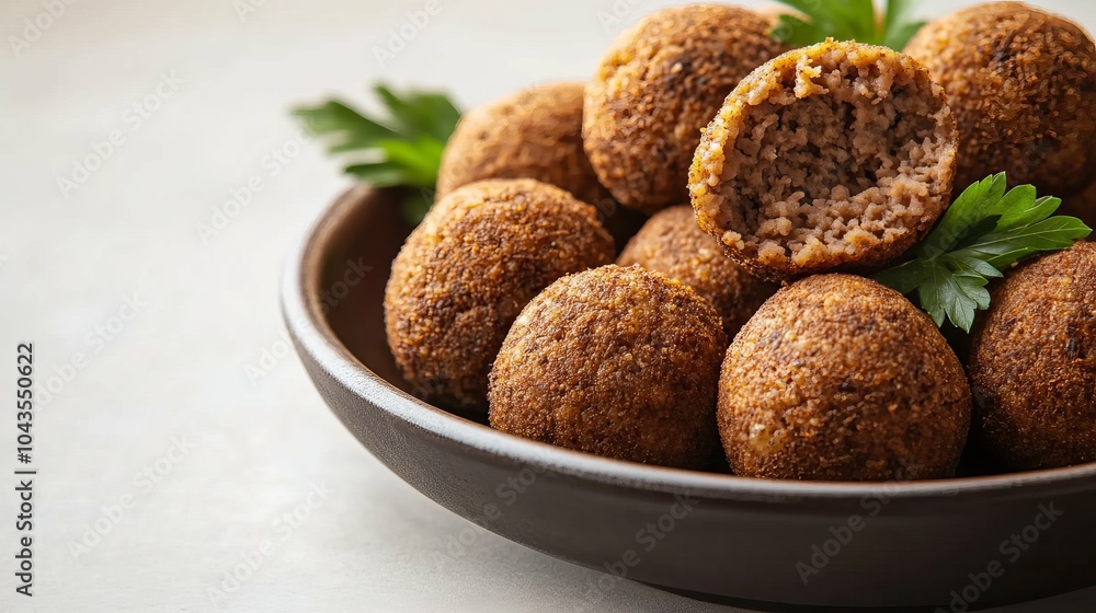 Plate of Crispy Fried Kibbeh Balls Cut Open to Show the Spiced Meat Filling Plate of Crispy Fried Kibbeh Balls Cut Open to Show the Spiced Meat Filling