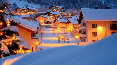 Snowy Village at Night with Glowing Lights