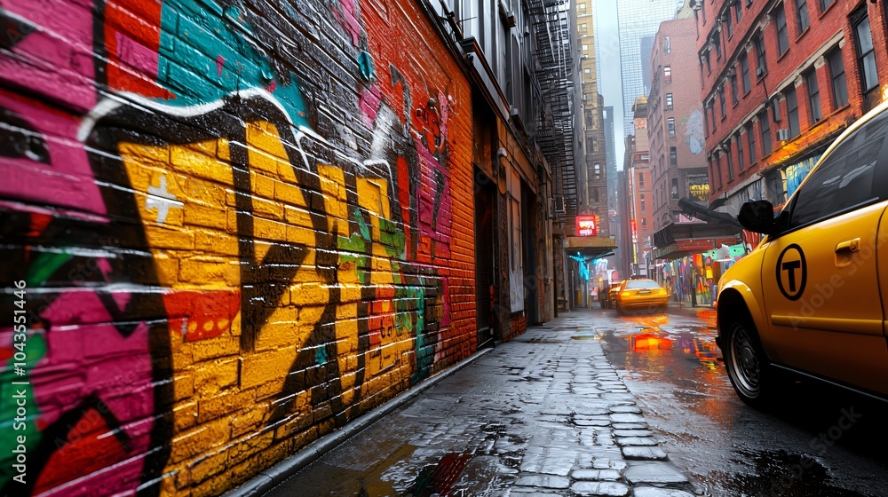 Fototapeta premium Vibrant urban alley with yellow taxi