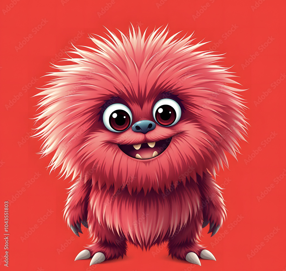 Fototapeta premium Funny fluffy red monster isolated on bright pure red background. Happy and fluffy little monster. Adorable yeti. Halloween character.