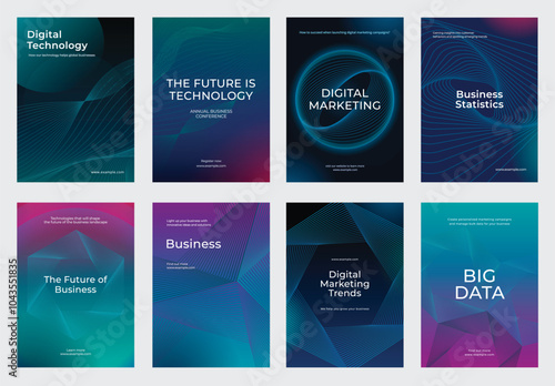 Digital marketing posters with abstract designs. Includes digital technology, business statistics, and big data. Modern and futuristic style. Digital business and big data template vector set.