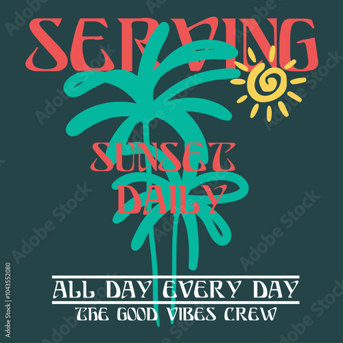 sunshine illustration beach graphic waves design palm badge tropical flowers botanical hippie