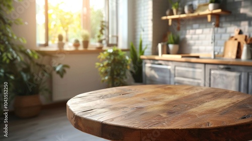 Bright kitchen with a round wooden table, ideal for product displays or food photography