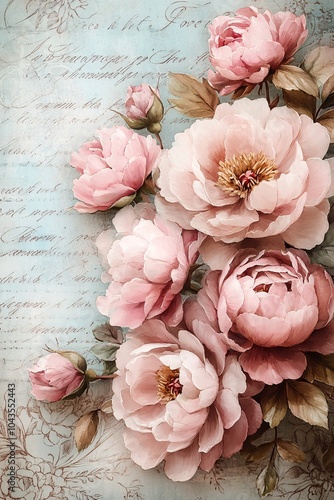 Delicate blossoms of pink peonies on vintage background with elegant script and soft pastel hues for floral aesthetic appeal