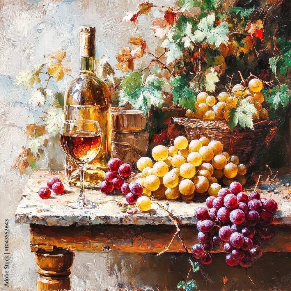 Still life with grapes, wine bottle, and glass on wooden table Still life with grapes, wine bottle, and glass on wooden table