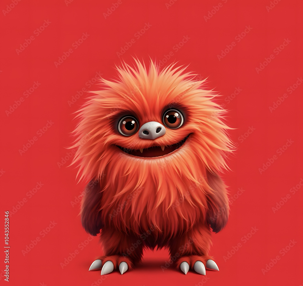 Fototapeta premium Funny fluffy red monster isolated on bright pure red background. Happy and fluffy little monster. Adorable yeti. Halloween character.