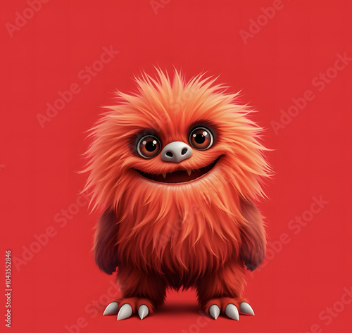 Funny fluffy red monster isolated on bright pure red background. Happy and fluffy little monster. Adorable yeti. Halloween character.