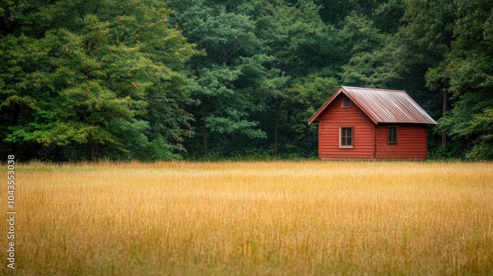Obraz premium A small red cabin stands alone in a field of tall grass, surrounded by a dense forest.