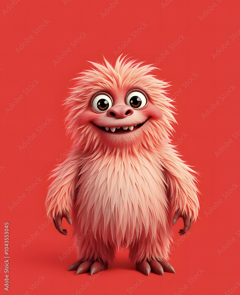 Fototapeta premium Funny fluffy red monster isolated on bright pure red background. Happy and fluffy little monster. Adorable yeti. Halloween character.