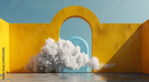 Yellow Archway With Cloud Floating Through in Minimalist Scene