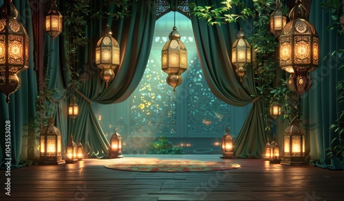 Ornate Golden Lanterns Hanging in Front of Teal Curtains