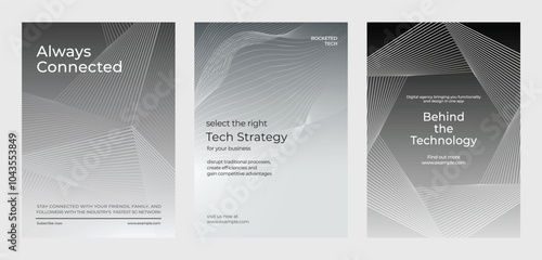 Abstract tech-themed design with lines and geometric shapes. Modern tech strategy and connectivity. Ideal for tech business and digital innovation. Advanced technology gray template vector set.